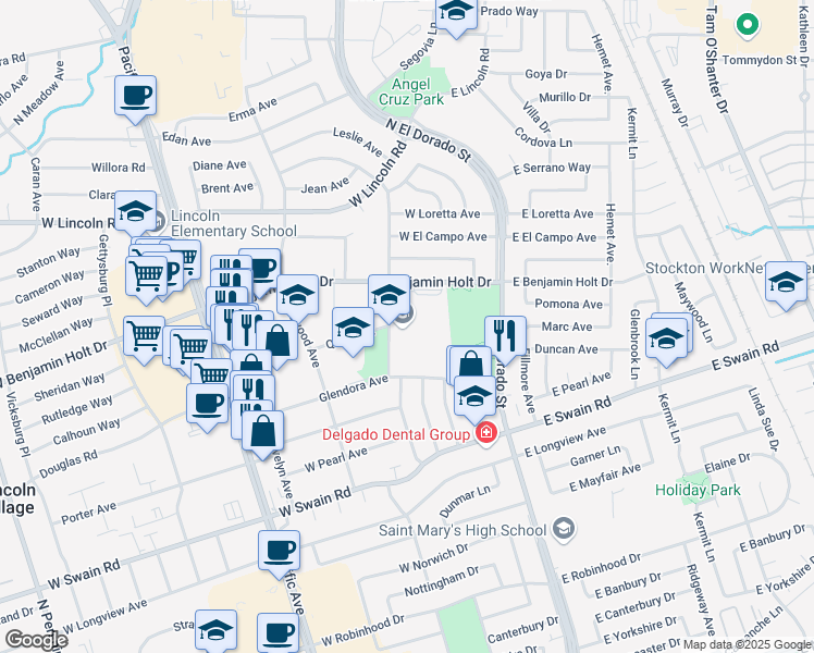 map of restaurants, bars, coffee shops, grocery stores, and more near 128 West Benjamin Holt Drive in Stockton