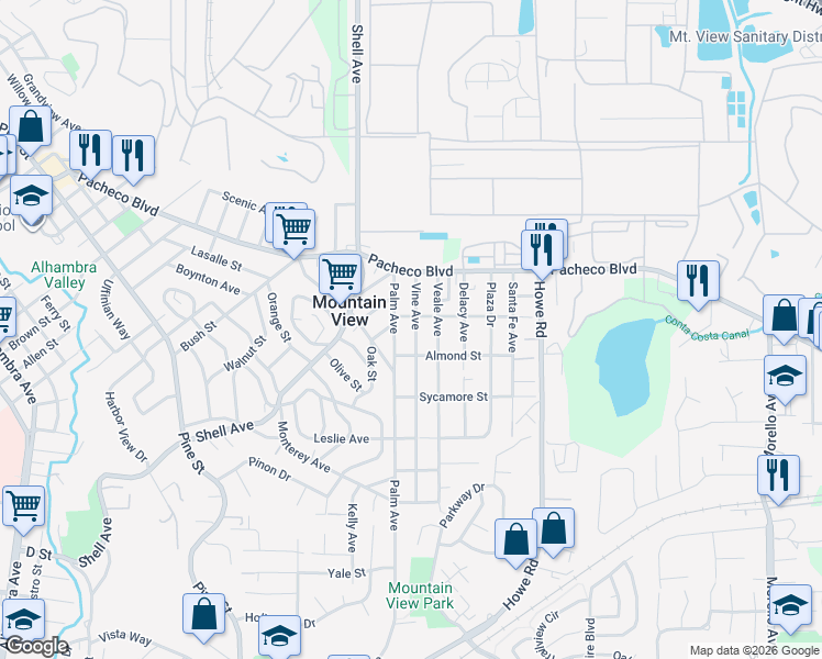 map of restaurants, bars, coffee shops, grocery stores, and more near 1255 Vine Avenue in Martinez
