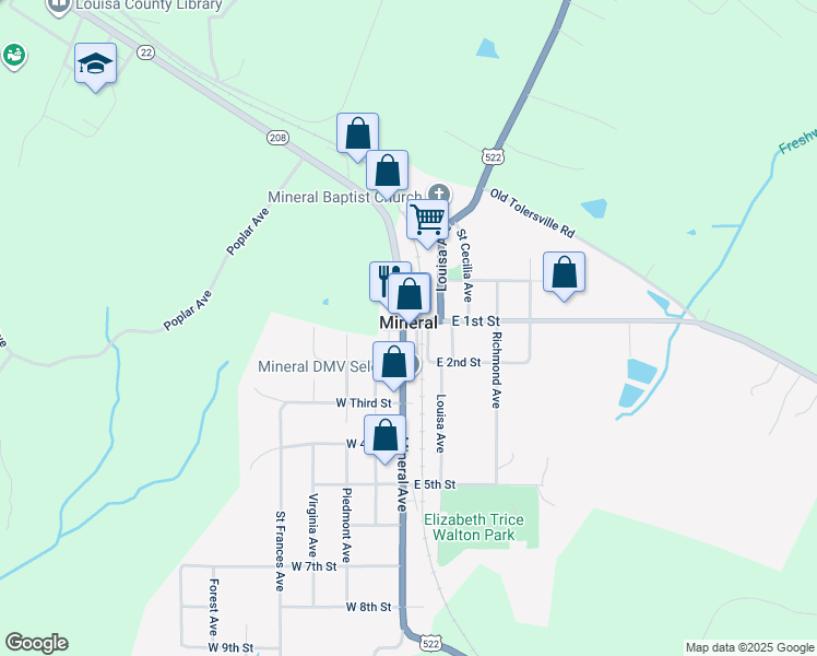 map of restaurants, bars, coffee shops, grocery stores, and more near 101 Mineral Avenue in Mineral