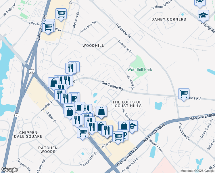 map of restaurants, bars, coffee shops, grocery stores, and more near 2824 Ryan Circle in Lexington