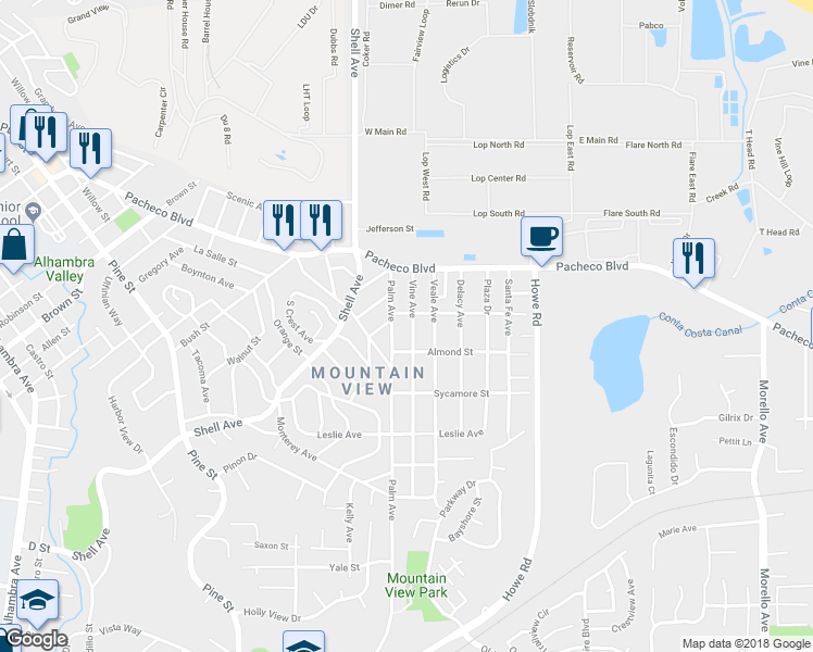 map of restaurants, bars, coffee shops, grocery stores, and more near 1255 Vine Ave in Martinez