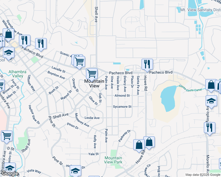 map of restaurants, bars, coffee shops, grocery stores, and more near 1255 Vine Avenue in Martinez