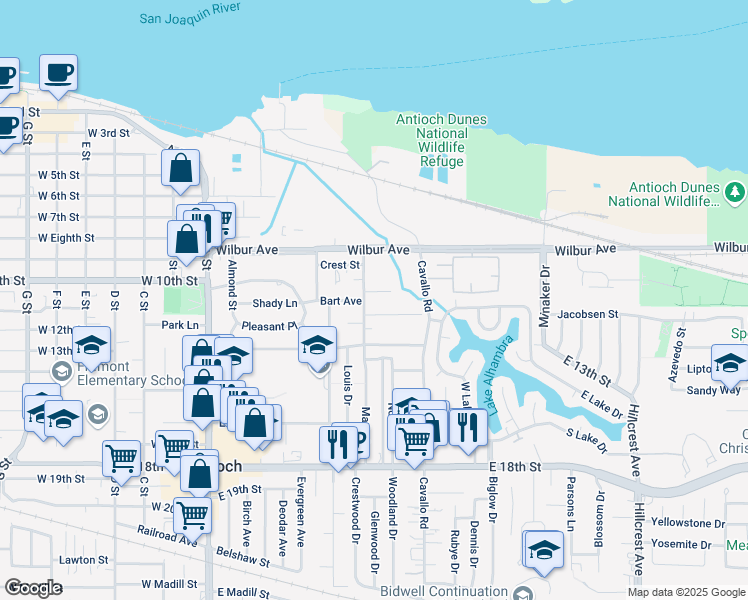 map of restaurants, bars, coffee shops, grocery stores, and more near 310 Nash Avenue in Antioch