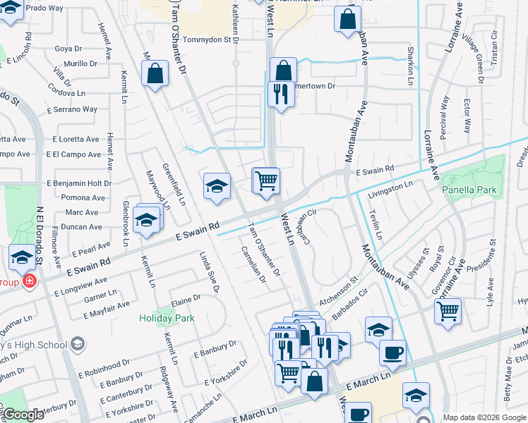 map of restaurants, bars, coffee shops, grocery stores, and more near East Swain Road in Stockton