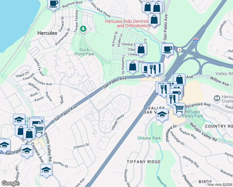 map of restaurants, bars, coffee shops, grocery stores, and more near 1001 Devonwood in Hercules