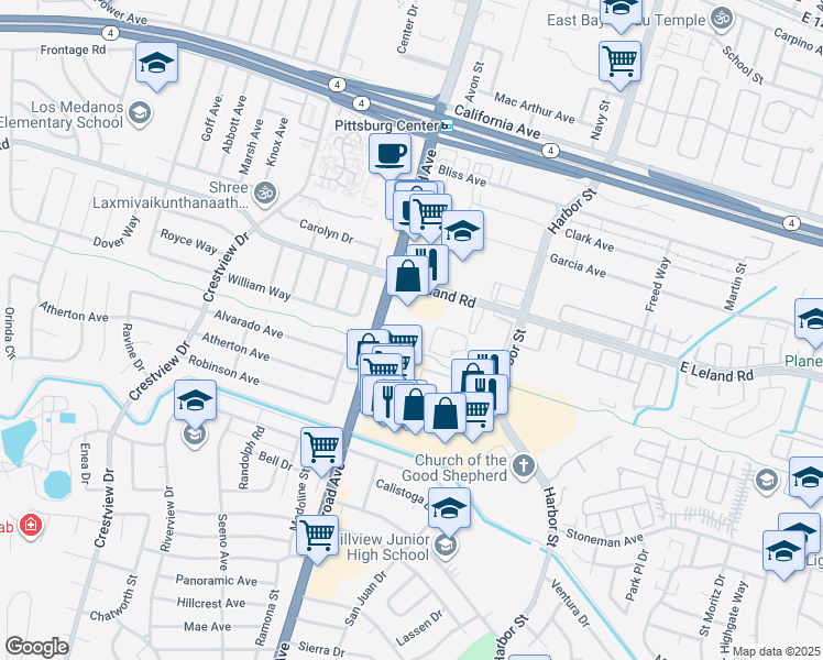 map of restaurants, bars, coffee shops, grocery stores, and more near 200 Presidio Lane in Pittsburg