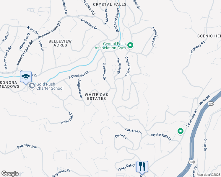 map of restaurants, bars, coffee shops, grocery stores, and more near Crestview Drive & Bear River Drive in Sonora