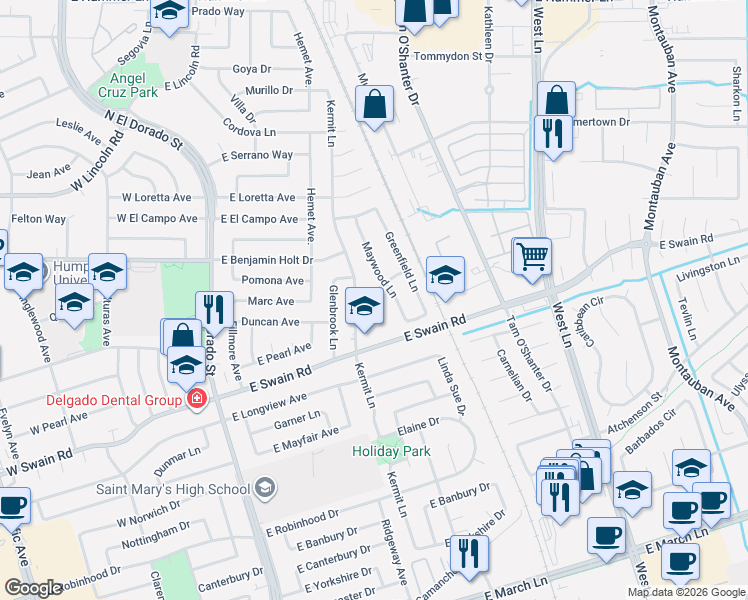 map of restaurants, bars, coffee shops, grocery stores, and more near 6130 Kermit Lane in Stockton