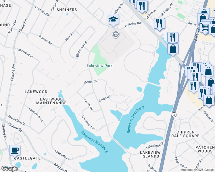 map of restaurants, bars, coffee shops, grocery stores, and more near 500 Laketower Drive in Lexington