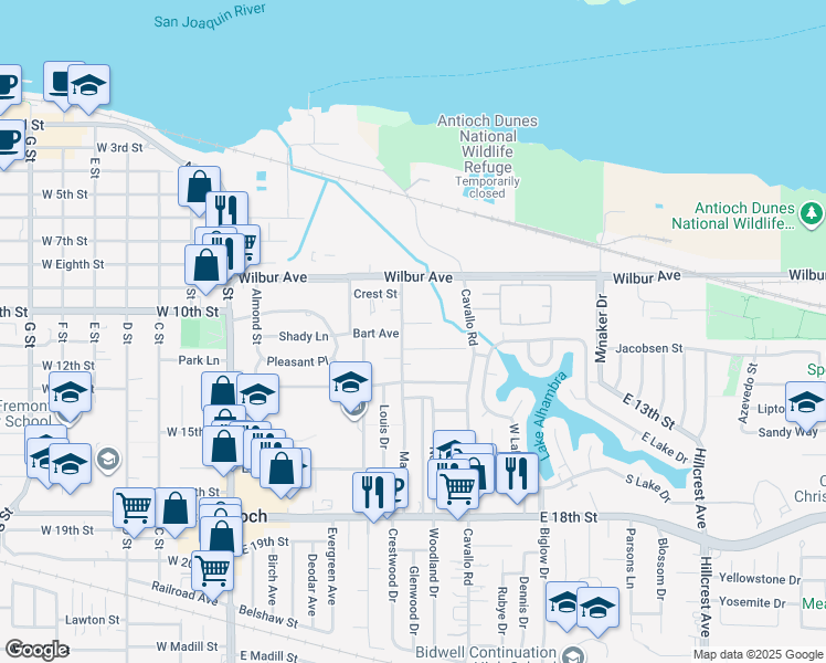 map of restaurants, bars, coffee shops, grocery stores, and more near 310 Nash Avenue in Antioch