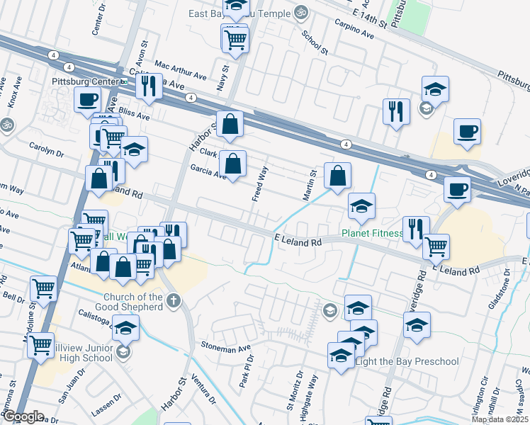 map of restaurants, bars, coffee shops, grocery stores, and more near 78 Dowitcher Court in Pittsburg