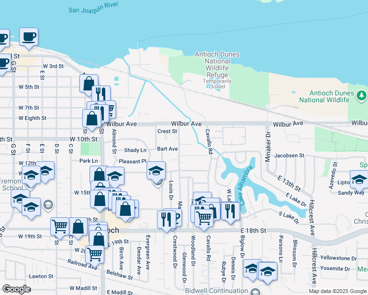 map of restaurants, bars, coffee shops, grocery stores, and more near 310 Nash Avenue in Antioch