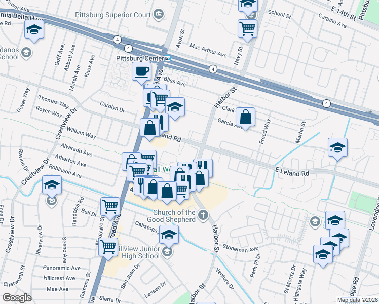 map of restaurants, bars, coffee shops, grocery stores, and more near 390 East Leland Road in Pittsburg