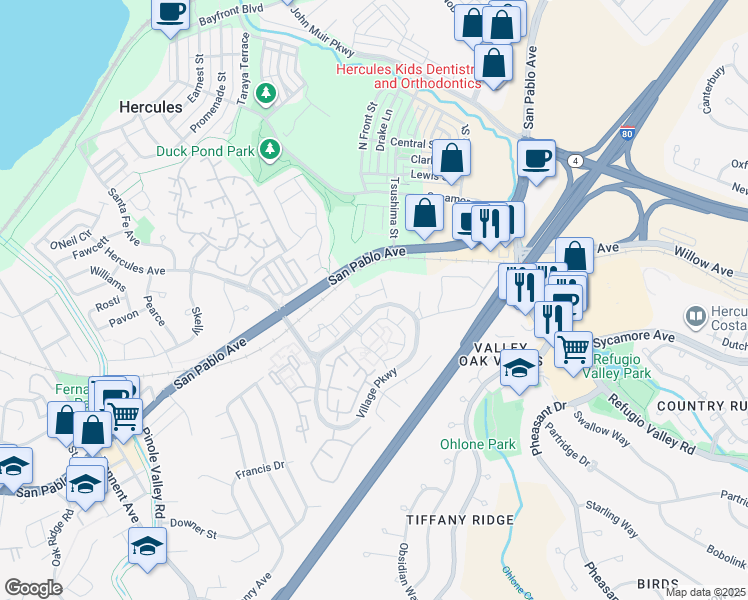 map of restaurants, bars, coffee shops, grocery stores, and more near 337 North Wildwood in Hercules