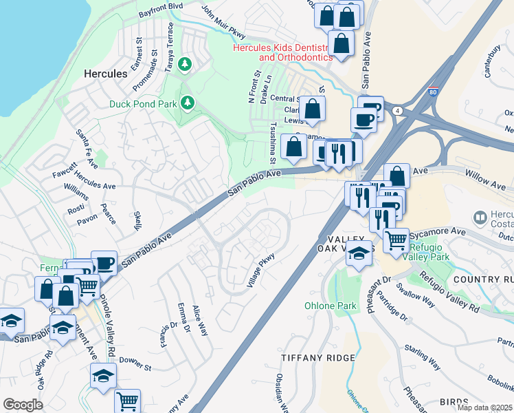 map of restaurants, bars, coffee shops, grocery stores, and more near 337 North Wildwood in Hercules