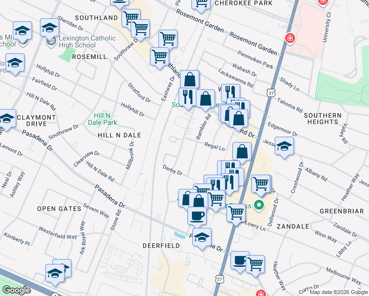 map of restaurants, bars, coffee shops, grocery stores, and more near 2084 Regency Road in Lexington