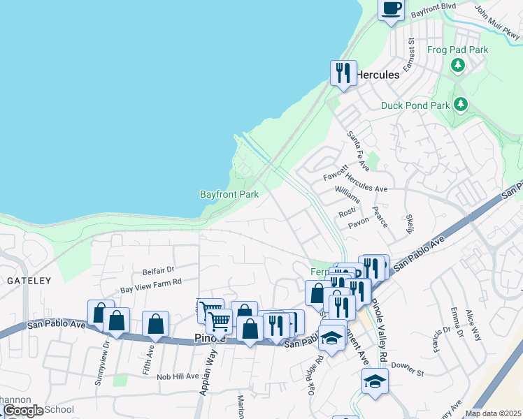 map of restaurants, bars, coffee shops, grocery stores, and more near 2283 Cuadra Court in Pinole