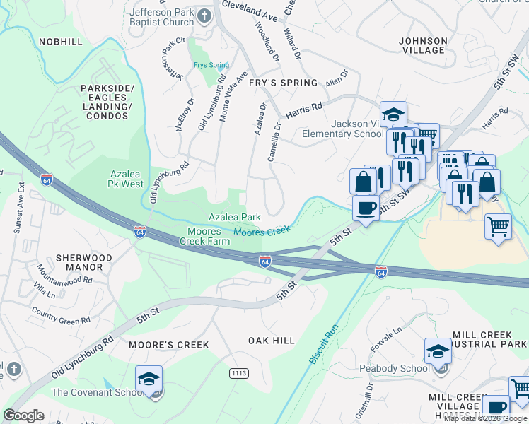 map of restaurants, bars, coffee shops, grocery stores, and more near 322 Camellia Drive in Charlottesville
