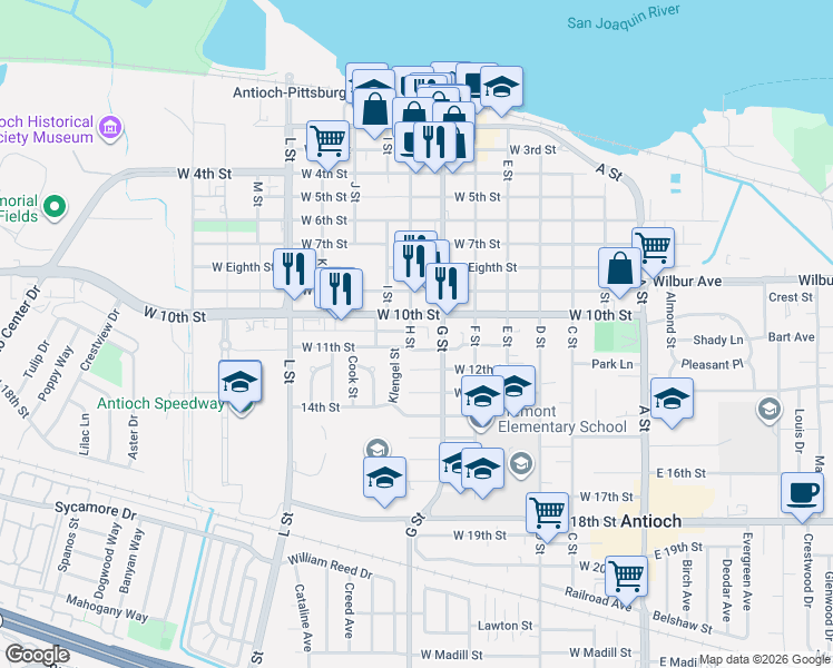 map of restaurants, bars, coffee shops, grocery stores, and more near 1017 H Street in Antioch