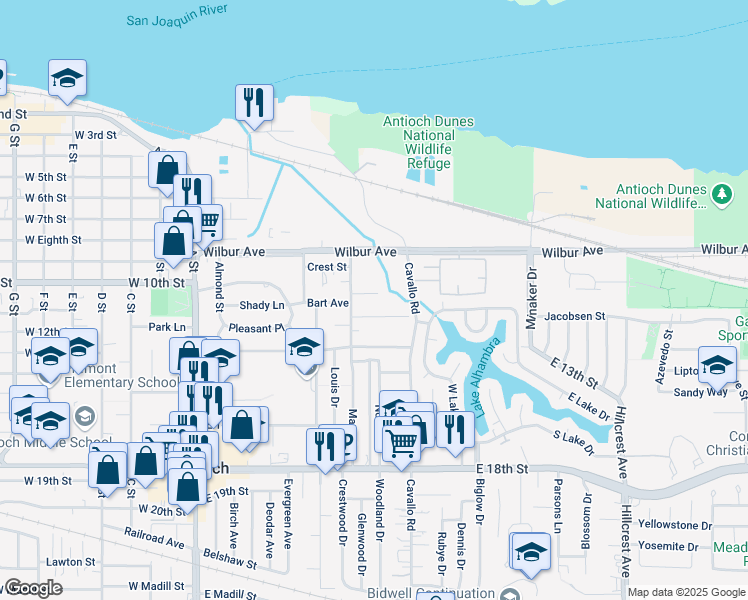 map of restaurants, bars, coffee shops, grocery stores, and more near 324 Nash Avenue in Antioch