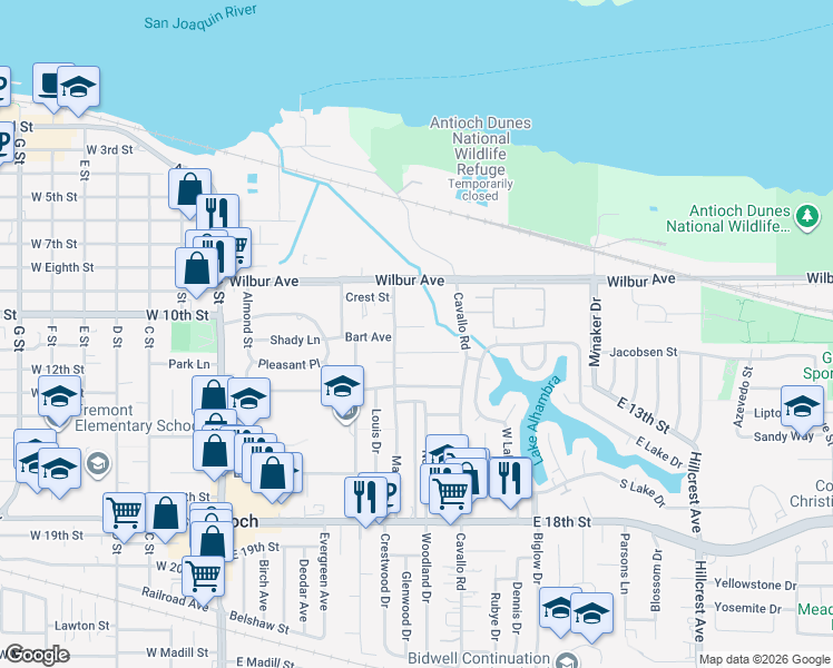 map of restaurants, bars, coffee shops, grocery stores, and more near 322 Nash Avenue in Antioch