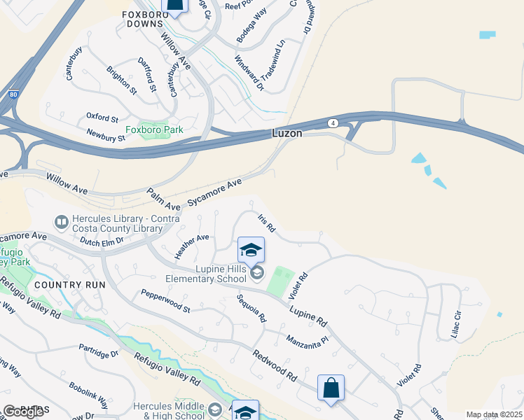 map of restaurants, bars, coffee shops, grocery stores, and more near 208 Iris Road in Hercules