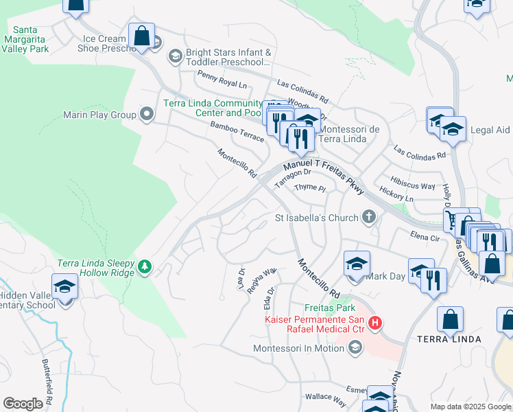 map of restaurants, bars, coffee shops, grocery stores, and more near 104 Surrey Lane in San Rafael