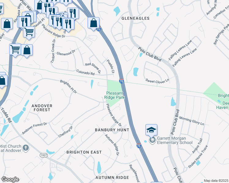 map of restaurants, bars, coffee shops, grocery stores, and more near 1350 Pleasant Ridge Drive in Lexington
