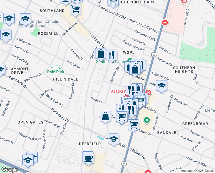 map of restaurants, bars, coffee shops, grocery stores, and more near 2066 Rambler Road in Lexington