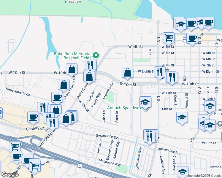 map of restaurants, bars, coffee shops, grocery stores, and more near 1461 Aster Drive in Antioch