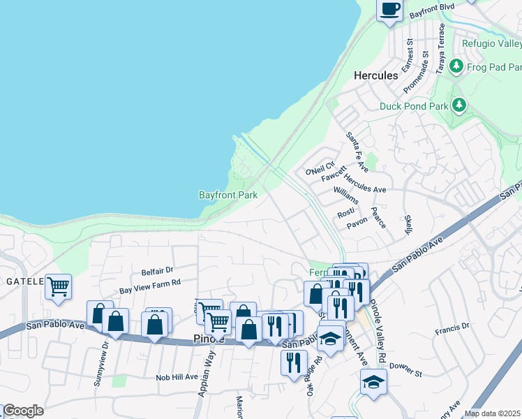 map of restaurants, bars, coffee shops, grocery stores, and more near 2283 Cuadra Court in Pinole