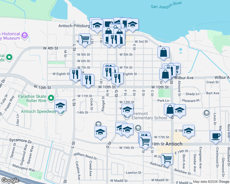 map of restaurants, bars, coffee shops, grocery stores, and more near 1012 G Street in Antioch