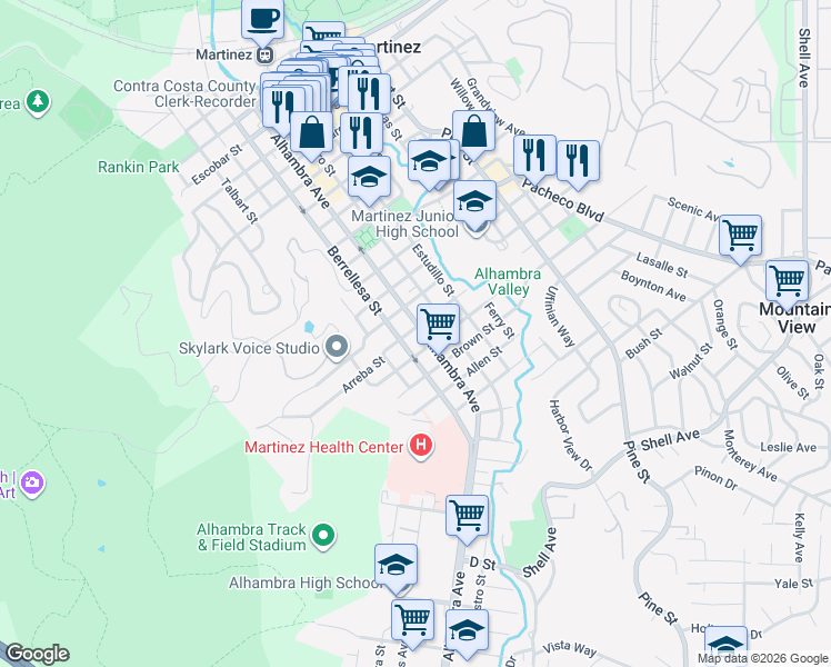 map of restaurants, bars, coffee shops, grocery stores, and more near 1704 Alhambra Avenue in Martinez