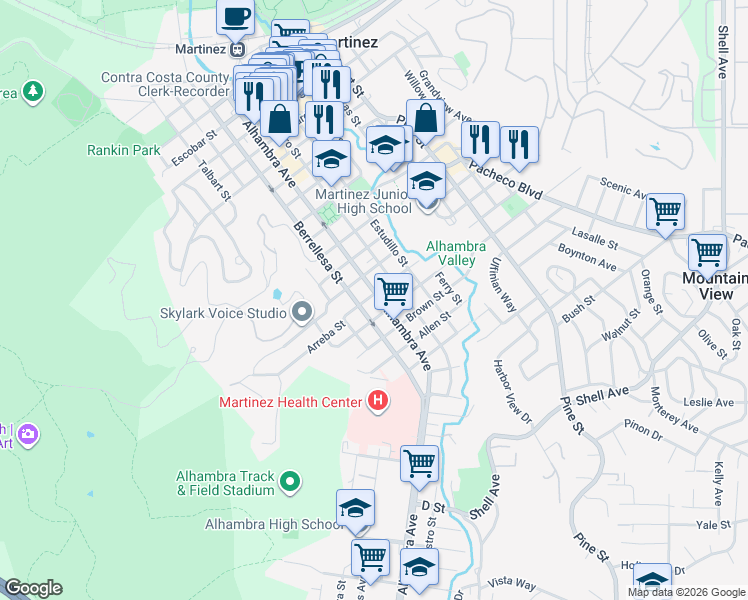 map of restaurants, bars, coffee shops, grocery stores, and more near 1704 Alhambra Avenue in Martinez