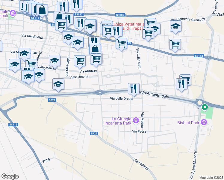 map of restaurants, bars, coffee shops, grocery stores, and more near Raccordo Autostradale in Trapani