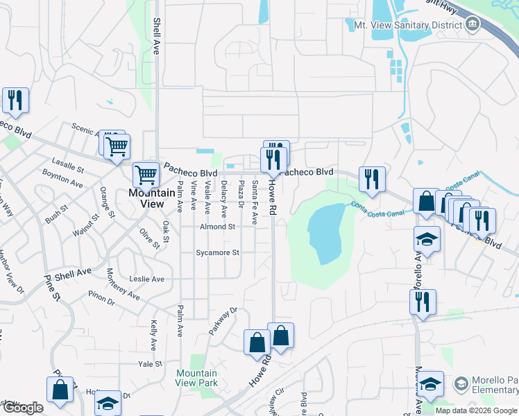 map of restaurants, bars, coffee shops, grocery stores, and more near 1260 Santa Fe Avenue in Martinez