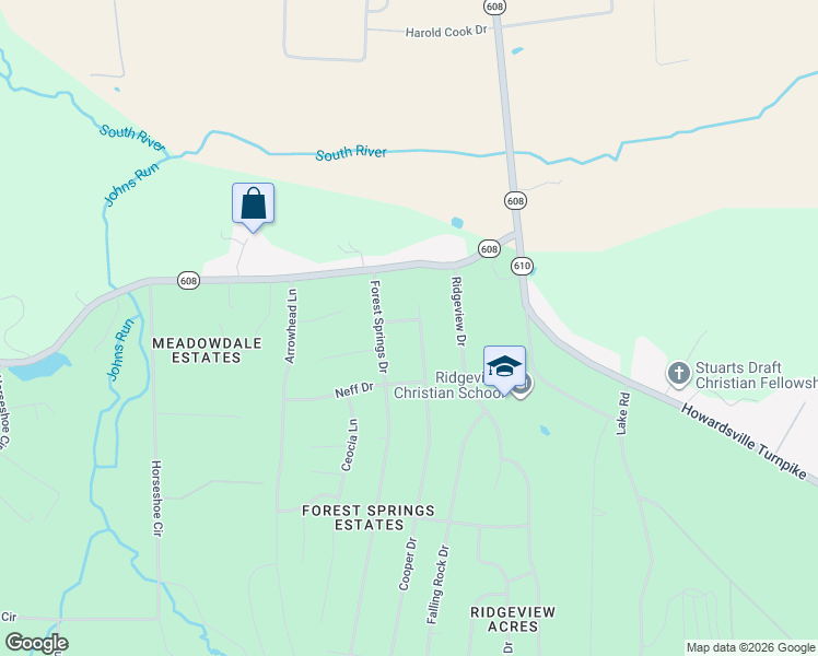 map of restaurants, bars, coffee shops, grocery stores, and more near 68 Forest Springs Drive in Stuarts Draft