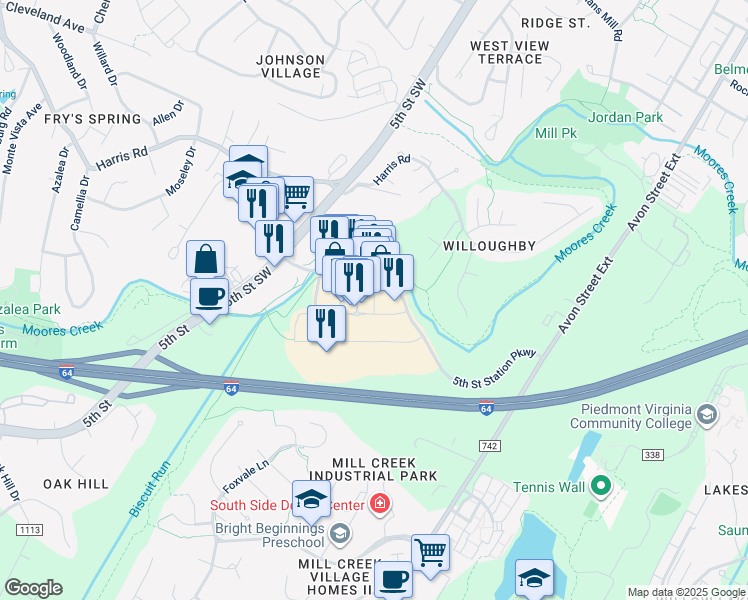 map of restaurants, bars, coffee shops, grocery stores, and more near Merchant Walk Square in Charlottesville