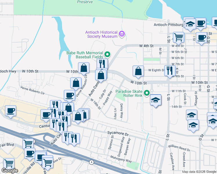 map of restaurants, bars, coffee shops, grocery stores, and more near 1209 Tulip Drive in Antioch