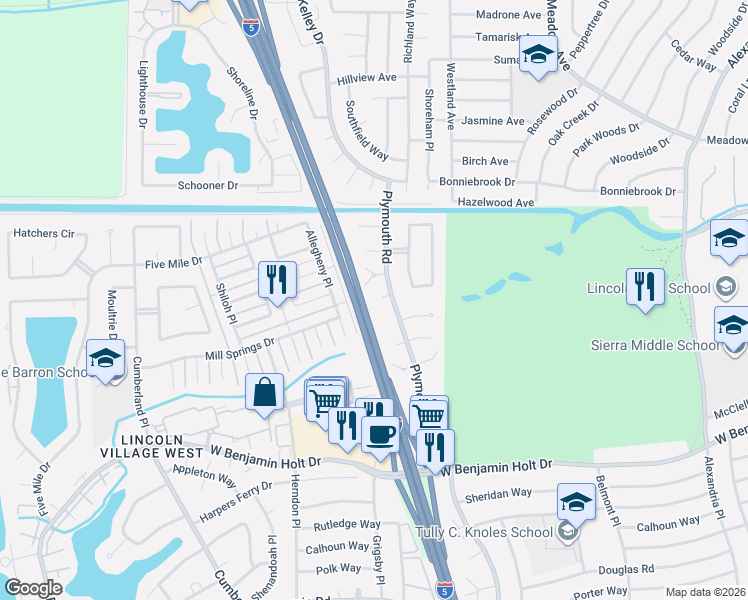map of restaurants, bars, coffee shops, grocery stores, and more near 2928 Garrison Court in Stockton