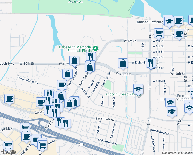 map of restaurants, bars, coffee shops, grocery stores, and more near 1209 Tulip Drive in Antioch