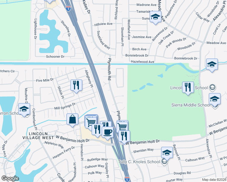 map of restaurants, bars, coffee shops, grocery stores, and more near 2872 Marietta Court in Stockton