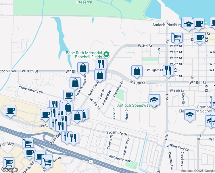 map of restaurants, bars, coffee shops, grocery stores, and more near 1209 Tulip Drive in Antioch