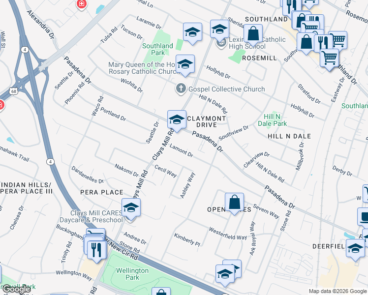 map of restaurants, bars, coffee shops, grocery stores, and more near 585 Ashley Way in Lexington