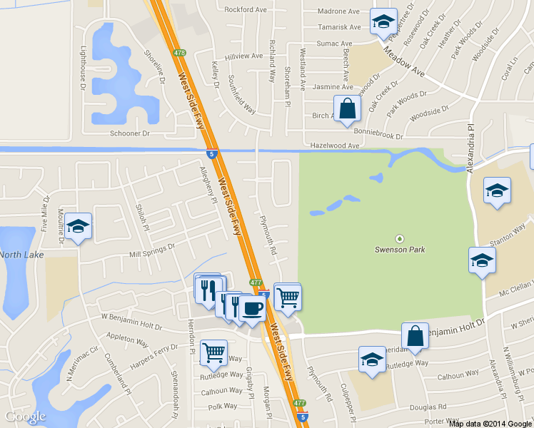 map of restaurants, bars, coffee shops, grocery stores, and more near 2872 Marietta Court in Stockton