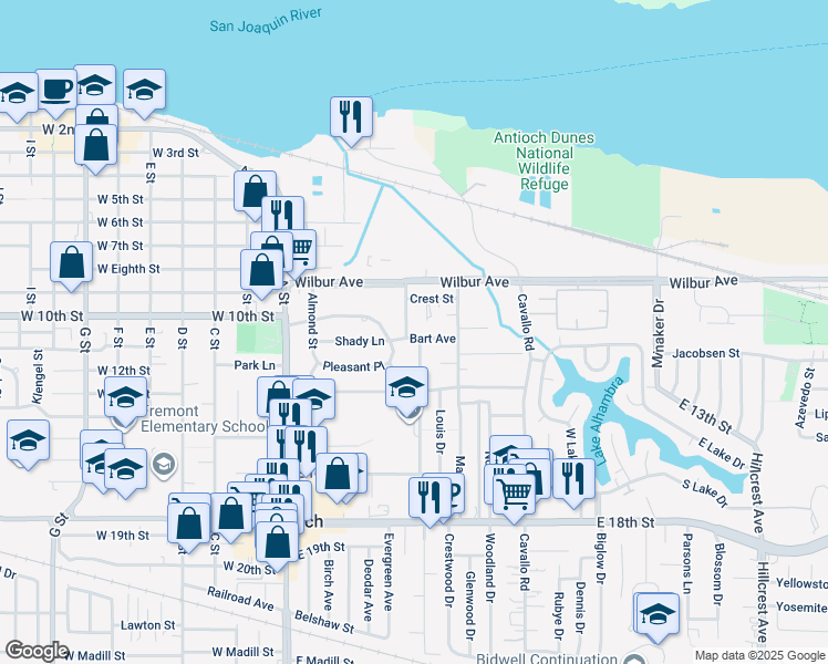 map of restaurants, bars, coffee shops, grocery stores, and more near 1111 Beverly Street in Antioch
