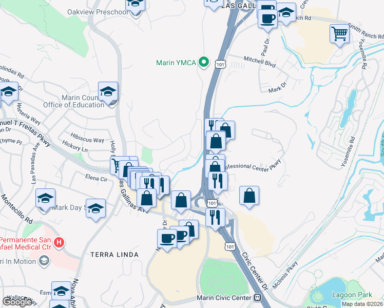 map of restaurants, bars, coffee shops, grocery stores, and more near 1040 Los Gamos Road in San Rafael