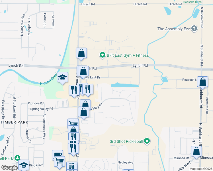 map of restaurants, bars, coffee shops, grocery stores, and more near 3450 Ibis Lane in Evansville