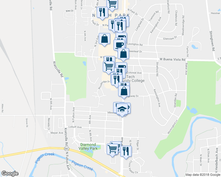 map of restaurants, bars, coffee shops, grocery stores, and more near 3262 North First Avenue in Evansville