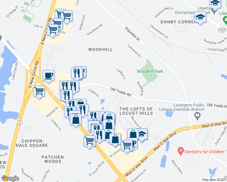 map of restaurants, bars, coffee shops, grocery stores, and more near 2855 Hanna Place in Lexington